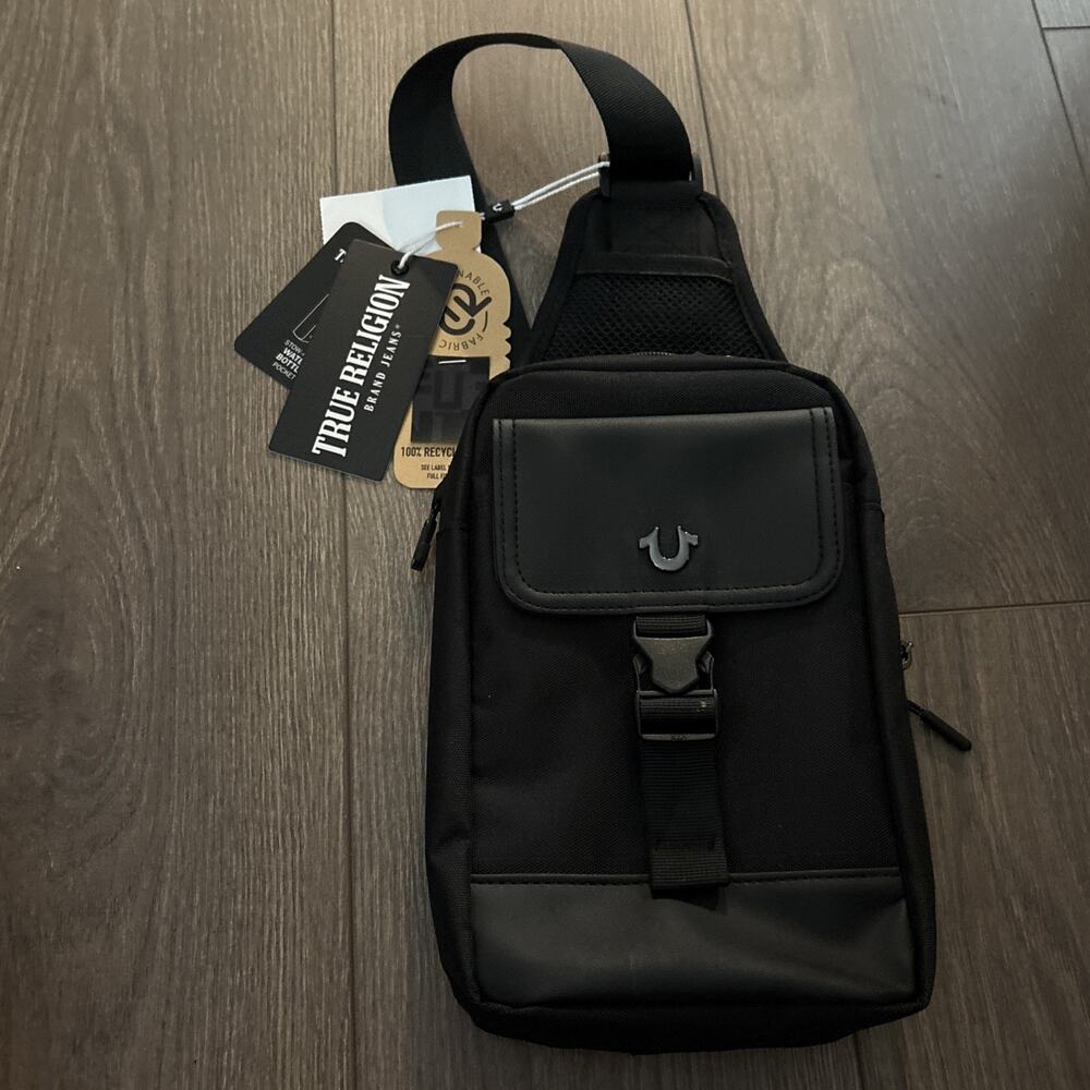 TRUE RELIGION Ivan Black Sling Bag Canvas Faux Leather Luxury BRAND-NEW w/tags